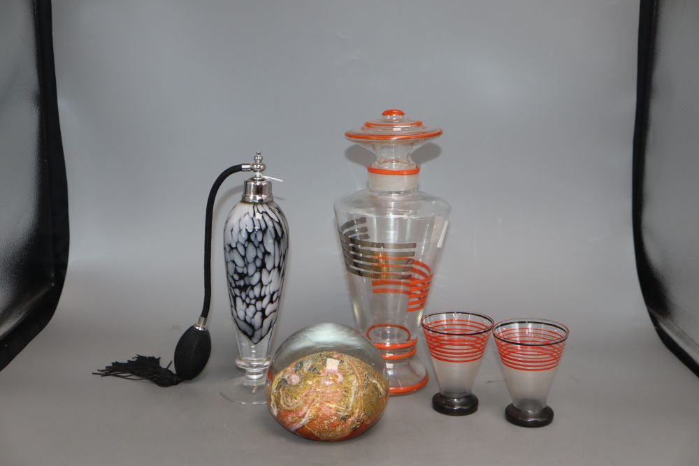 An Art Deco decanter, height 27cm, two glasses, a glass paper weight and a scent bottle